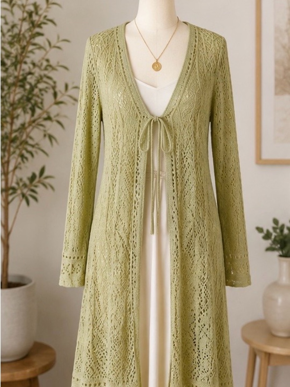 NWT Hooked Up Sage Green Crochet Duster Cardigan XL Boho Open Knit Sweater